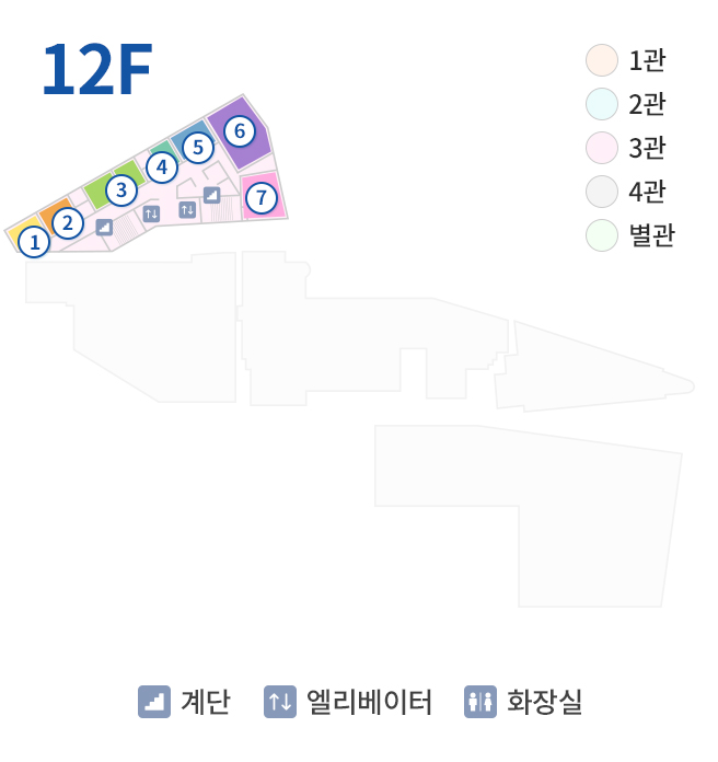 12F 1관, 2관, 3관, 4관, 별관, 계단, 엘리베이터, 화장실, 1. 명예원장실, 2. 내과의국, 3. 인턴실, 4. 의사당직실, 5. 신장내과 연구실, 6. 회의실, 7. 탈의실